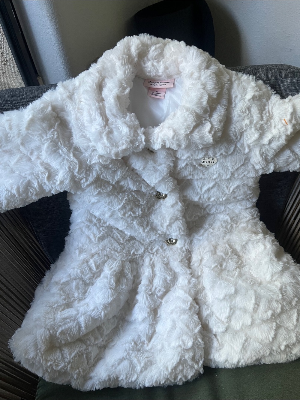 Juicy Couture White Plush Faux-Fur Peacoat for Girls